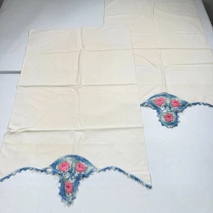 vintage pillowcase standard pair crochet floral edge roses mcm retro 50s 60s - Picture 1 of 9