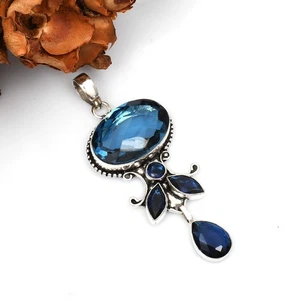Blue Topaz Gemstone 925 Sterling Silver Handmade Pendant Jewelry Gift SP-161 - Picture 1 of 4