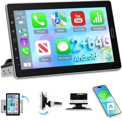 10.1" Single 1 DIN Rotatable Android 15 Car Stereo Radio GPS Navi Wifi FM 2+64GB - Image 1 of 4