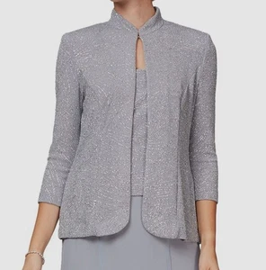 Alex Evenings Women's Gray Metallic-Knit Mock-Neck 3/4 Sleeve Jacket Size 14 - Picture 1 of 2