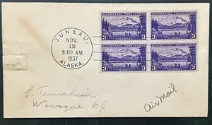 1937 JUNEAU ALASKA FIRST DAY COVER FDC 3C STAMPS BLOCK OF 4 - Picture 1 of 3