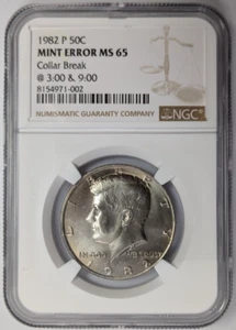 1982-P Kennedy Half Dollar NGC MS-65 Broken Collar Two Break Planchet Mint Error - Picture 1 of 13