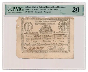 ITALIAN STATES (REPUBBLICA ROMANA) banknote 1 1/2 Paoli 1798 PMG VF 20 Very Fine - Picture 1 of 7