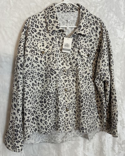 OFF WHITE Cappotto giacca Mud Pie fondo sfilacciato bottoni grigio crema sterling leopardato taglia large