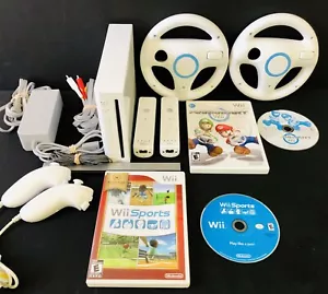 Nintendo Wii Game Console Bundle Mario Kart Wii Sports Wheels *CLEANED* Tested - Picture 1 of 12