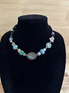 Chicos necklace abalone synthetic turquoise rhinestone flowers choker leather - Picture 1 of 8