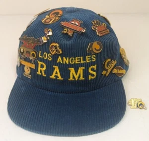 Los Angeles Rams Vtg Corduroy Snapback Hat NFL AJD w/ 22+ L.A Rams Pins Attached - Picture 1 of 13