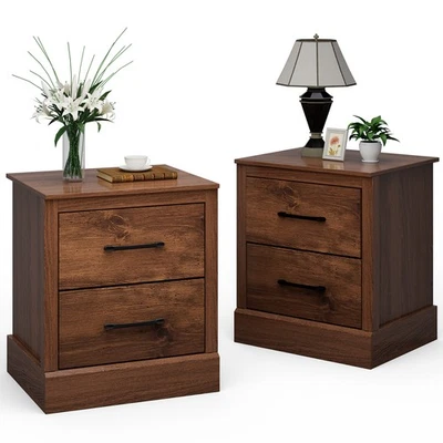 2 PCS 2 Drawer Compact Sofa End Table Nightstand Bedside Table Rustic Walnut - Image 1 of 4