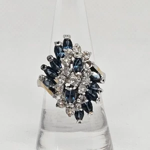 Vtg Waterfall Cluster Ring Gold Tone Blue Clear CZ Size 8 Cubic Zirconia - Picture 1 of 13