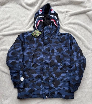 Bape Blue Camo Shark Snowboard Down Parka - XL  - MSRP $1009 - New - Authentic - Image 1 of 4