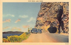 Coches postales vintage de lino Cave Rock Lake Tahoe vista panorámica años 30 - Imagen 1 de 2