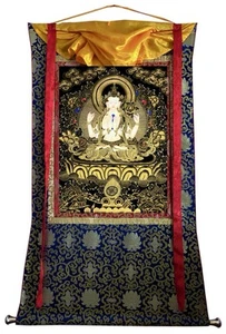 Hand painted Tibetan Chenrezig Thangka painting Om yoga Buddha With Brocade - Picture 1 of 9