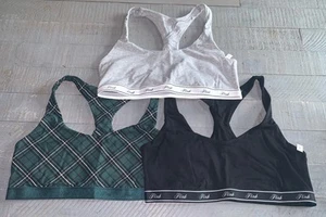 PINK Victoria’s Secret Sports Bra Womens Large New NWT Lot Of 3 Plaid Gray - Picture 1 of 6