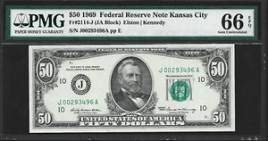 US 50 Dollars 1969 PMG 66 EPQ UNC Fr #2114-J FRN Kansas City Elston/Kennedy - Picture 1 of 4