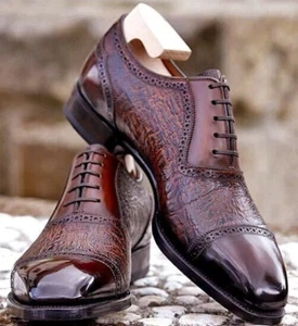 Hamdmade Leather Shoes Genuine Men Brown Oxford Toe-Cap Lace Up Dress Shoe - Bild 1 von 4