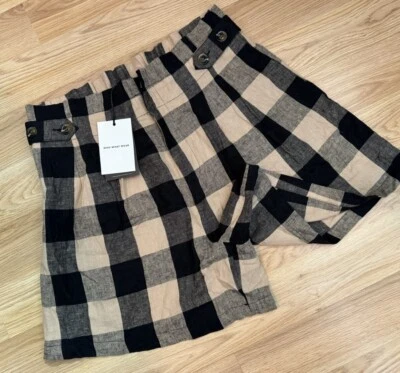 Who What Wear Tan Black Check Linen Shorts Size 14 NWT High Rise Paper bag Mom - Image 1 of 4