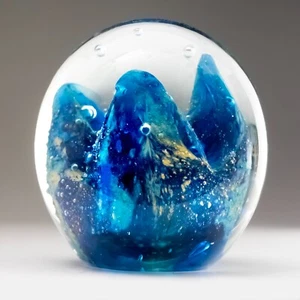 Vintage Art Glass 'Lava' Paperweight Blue Yellow Bubbles Alien Landscape - Picture 1 of 12