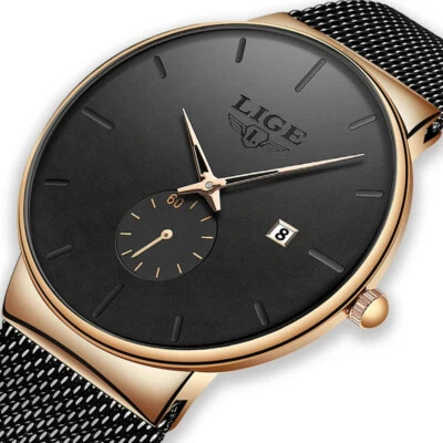 LIGE Men Watches Ultra Thin Wristwatch Steel Black Strap Male Quartz Watch Gifts - Image 1 of 4