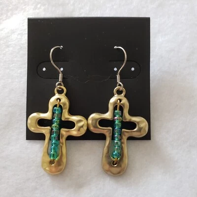 Pendientes Cruz Martillados Tono Oro Francés Acero Quirúrgico Oreja Alambre Joyería Nuevos Foto 1 de 4