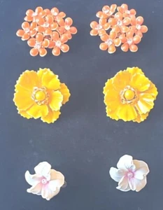 Vintage 3 Pairs Of Flower Clip-on Earrings. Orange, Yellow & White. Pre-loved - Picture 1 of 16