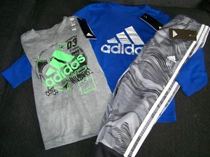 NWT Adidas Athletic Pants & 2 l/s Shirts Boys 4 ~ Gray Green Blue T ~ Big LOGO - Picture 1 of 2
