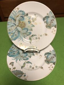 222 Fifth Eliza Salad Plates 8 3/4" Set of 2 Teal Blue Gold on White Porcelain