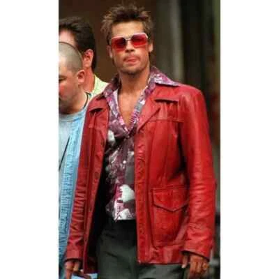 Mens Fight Club Brad Pitt Motorcycle Real Leather Jacket Coat - Image 1 of 4