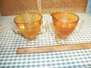 Vintage ECONOMY GLASS CO. Carnival Glass Footed Ribbed Sugar Bowl & Creamer - Picture 1 of 5