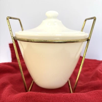 Vintage Fire King Ivory Grease Jar w/ Lid & Metal Cradle Anchor Hocking OvenWare - Image 1 of 4