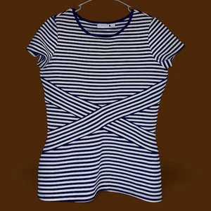NY & Co. Women’s Navy & White Striped Casual Top with Crisscross Detail Sz-M - Picture 1 of 6