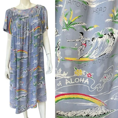 Vintage 1940’s/50’s Surf/ Fishing Print Hawaiian Muu-Muu Dress, Small - Image 1 of 4