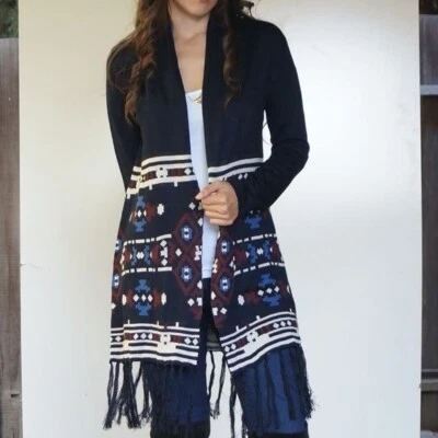 Cárdigan largo Skies are azul marino con flecos y estampado tribal talla S Foto 1 de 4