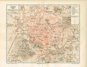Athens City Map 1889 Original Graphic - Picture 1 of 1