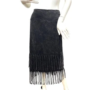 Towne Women’s Black Fringed Skirt M (10/12) Pull On Stretchy Distressed Midi - Picture 1 of 8