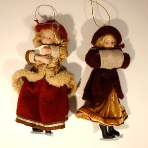 Ice Skating Dolls In Victorian Dresses Christmas Ornaments, Two  - Picture 1 of 6