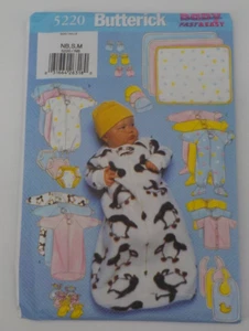 BUTTERICK PATTERN #5220 INFANT BUNTING JUMPSUIT BIB HAT MITTN SZ NB-M UNCUT 2001 - Picture 1 of 10