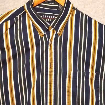 Vtg Trader Bay Mens XL Shirt Button Front LS Striped Blue Gold Cotton - Image 1 of 4