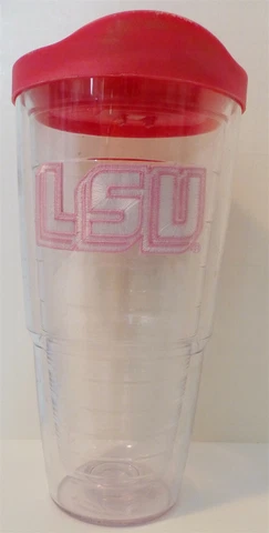 TERVIS LSU Insulated 24 oz Tumbler w/Pink Lid EUC White+Pink Embroidered Logo Cover