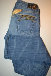 NWT Robin's Jeans Women Straight Gold Studs Factory Distress Blue Jeans sz 26x33 - Picture 1 of 15