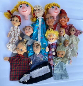 Vintage Lot Of 16 Hand Puppets -Rubber Heads Cloth Bodies Paper Mache Parts etc - Picture 1 of 17
