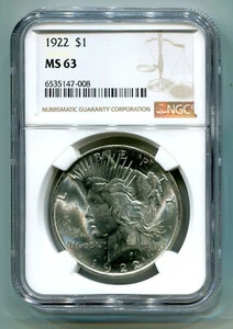 1922 PEACE SILVER DOLLAR NGC MS63 NICE ORIGINAL COIN FROM BOBS COINS FAST SHIP - Picture 1 of 4