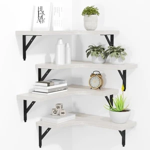 Set of 4 White Corner Floating Shelves- Rustic Wall Mounted Storage Display - Picture 1 of 7