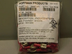 100 Hoffman FNDDF2216T250A .250" Quick Connect Terminals Red 22-16AWG - Picture 1 of 2