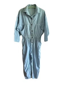 VINTAGE Ideas Retro Jumpsuit Coveralls Womens Blue Chambray Snap Button 80s 90s - Picture 1 of 12