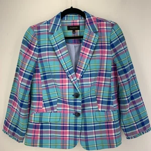 Blazer Talbots donna 6 Madras a quadri con volant misto lino preppy classico soldi - Foto 1 di 8