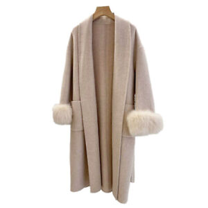 2024 Women Winter Cashmere Wool Coats Fox Fur Cuff Long Collar Trench Coats