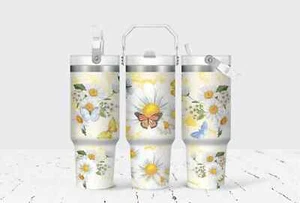 Butterflies & Daisy 30 Oz Flip Straw Tumbler With Handle - Picture 1 of 1