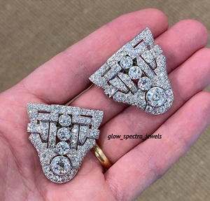 925 Sterling Silver Brooch Cubic Zirconia Jewelry Double Clip Art Deco Men's - Picture 1 of 4