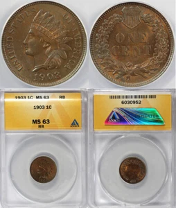 1903 1c Indian Head Cent ANACS MS 63 RB - Picture 1 of 5