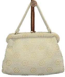 Corde' Bead Vintage White Hexagon Design Purse By Lumured Kiss Closure - Picture 1 of 8